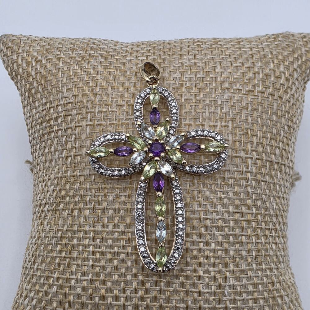 Ross Simons Multi Gemstone Gold Over 925 Sterling Silver 3-D Cross Pendant